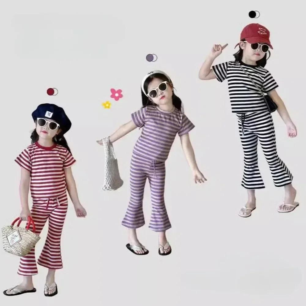 Costume rayé à la mode et tendance pour filles, T-shirt à manches courtes + pantalon évasé à cordon 