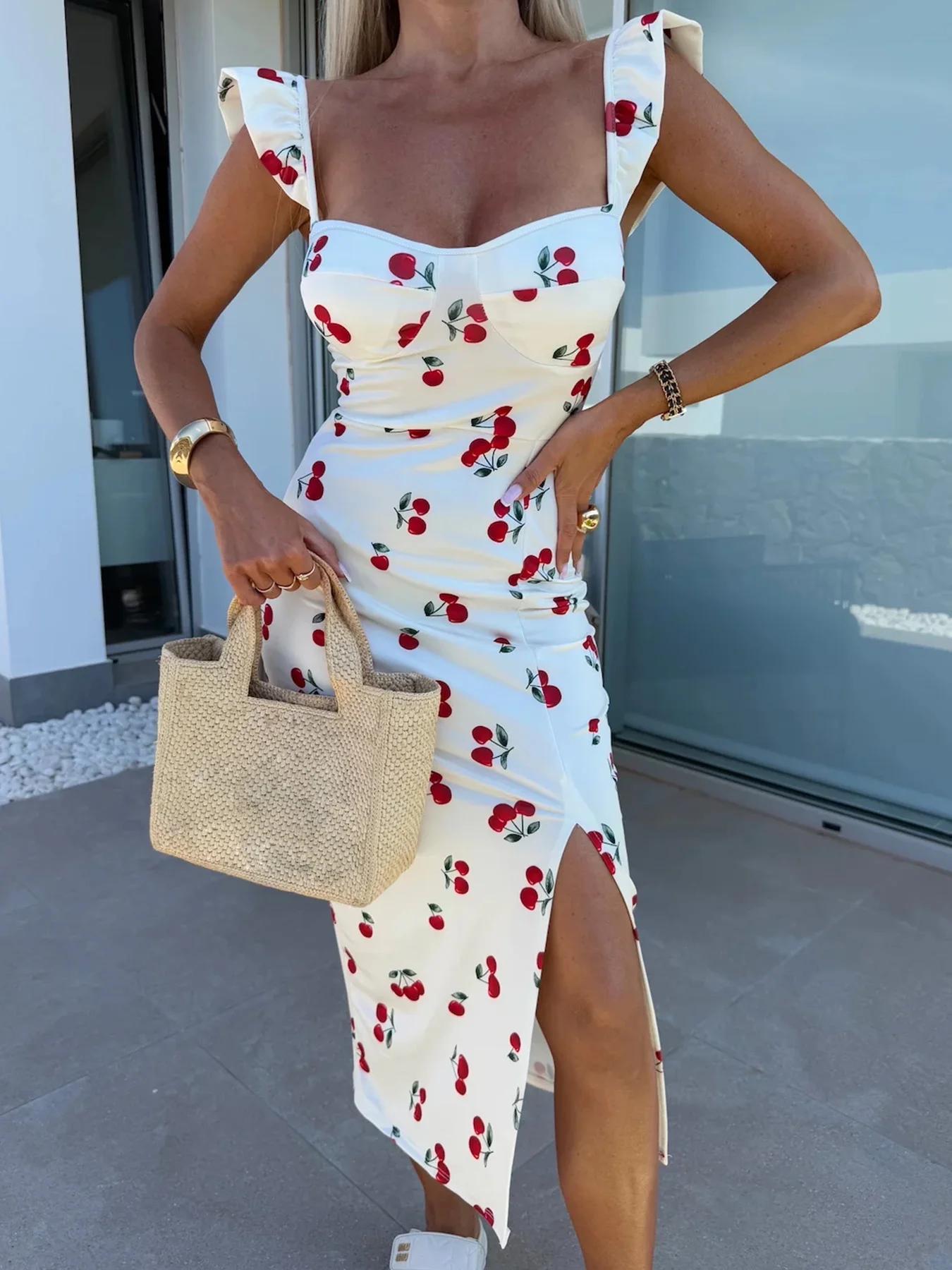 Robe d'été mi-longue pour femmes, nouveau design élégant, fleur française, bretelles, fente, été eur