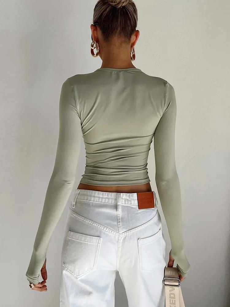 Mode femmes T-shirt à manches longues col rond solide coupe ajustée dames haut court avec trous pour