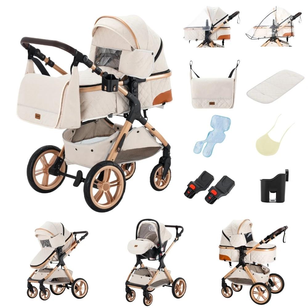 Nouveau Poussette Bébé 3-en-1 2026 – Landau de Voyage Portable, Poussette Pliante Haute avec Cadre e