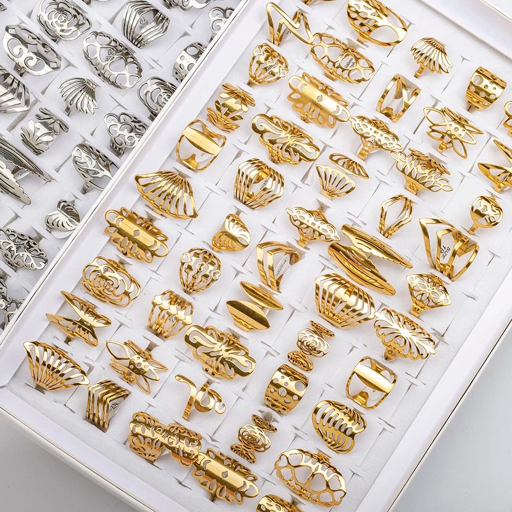 Bagues en acier inoxydable pour femmes, 20 pièces/lot, grands et petits, coupe creuse, bijoux, mélan