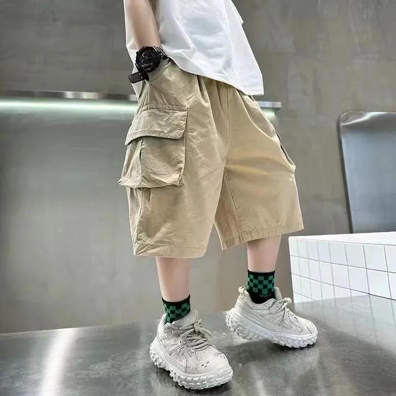 Shorts d'été pour garçons de 3 à 14 ans, nouvelle mode, en coton, avec grandes poches, demi-pantalon