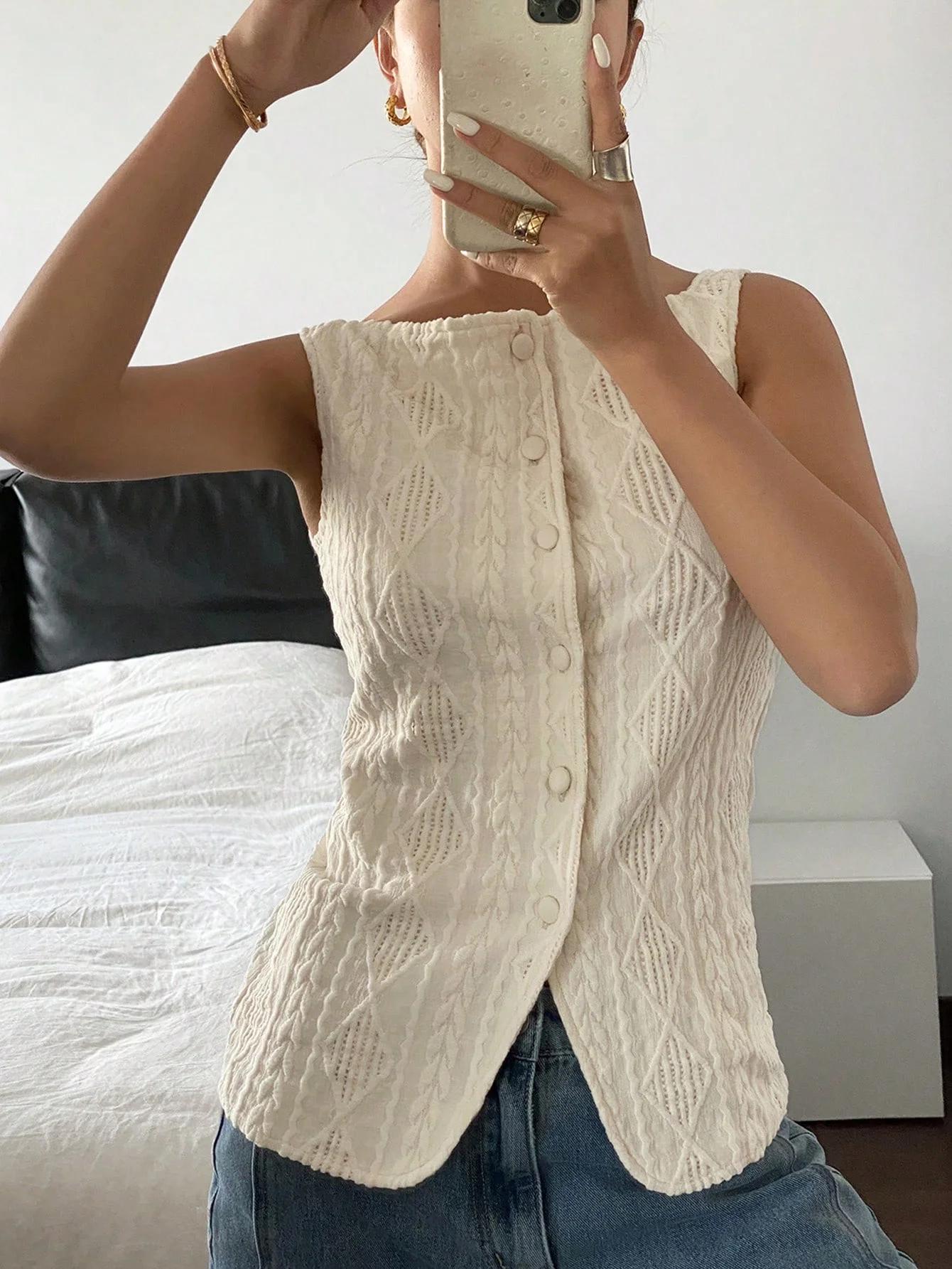 Chemise d'été décontractée sans manches pour femmes, texture géométrique, simple boutonnage