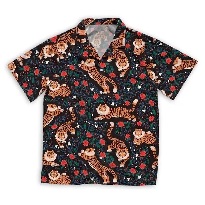 ​ ​ Chemise hawaïenne tigre 3D pour hommes, imprimé Animal, manches courtes, Y2K, fête sur la plage,