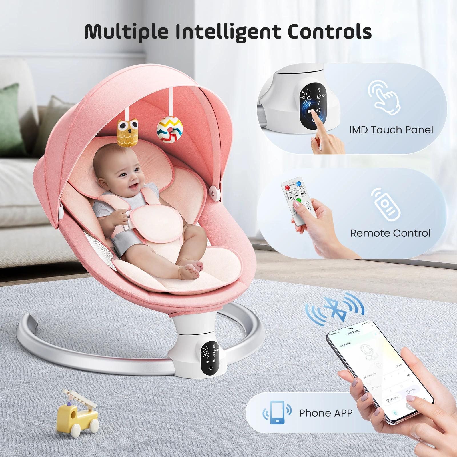 Balançoire électrique bébé avec 3 minuteries, application et télécommande - 5 vitesses, 10 musiques Bluetooth rose