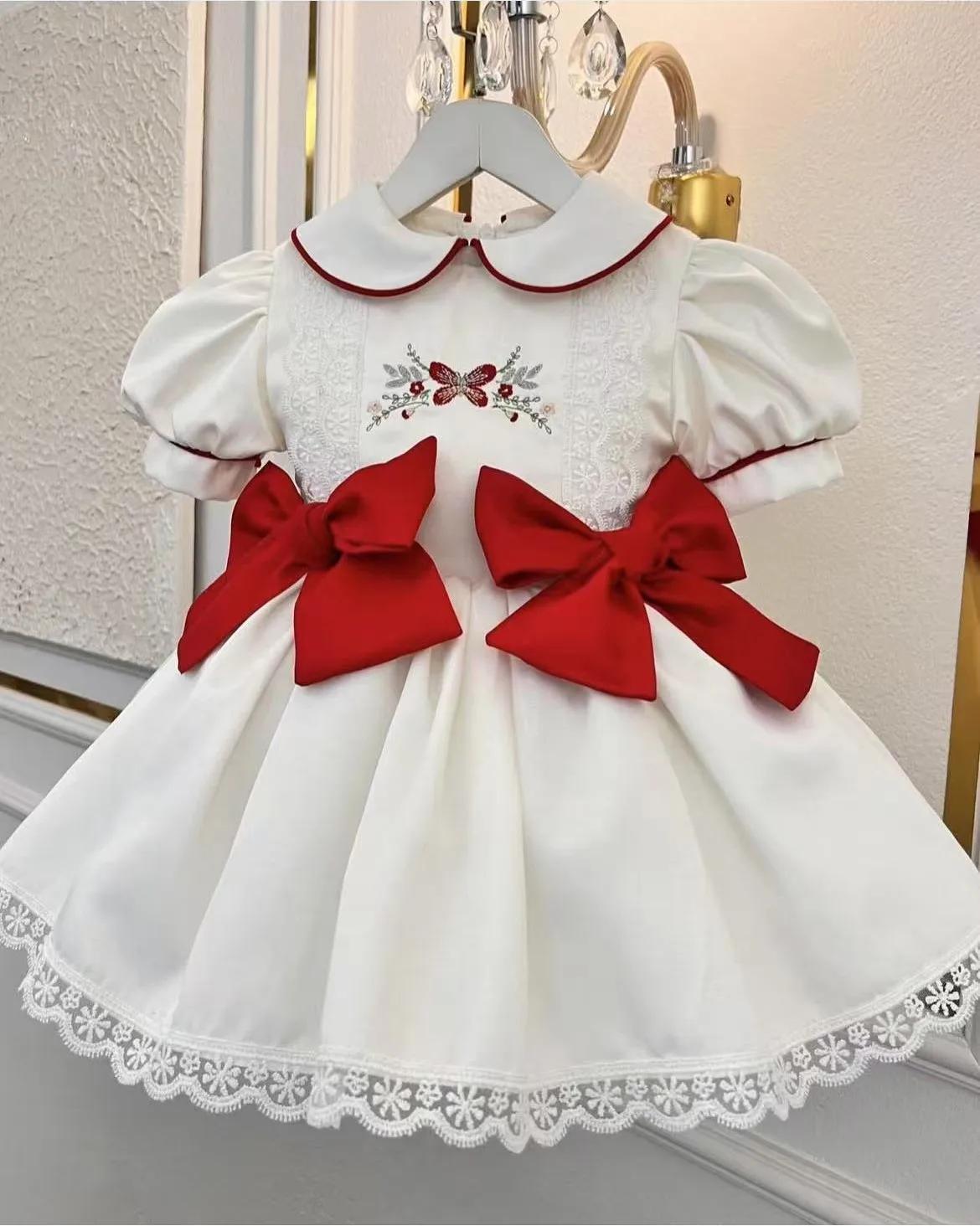 0-12Y bébé fille été fleur rouge broderie Vintage princesse robe de bal robe blanche pour fête Eid a