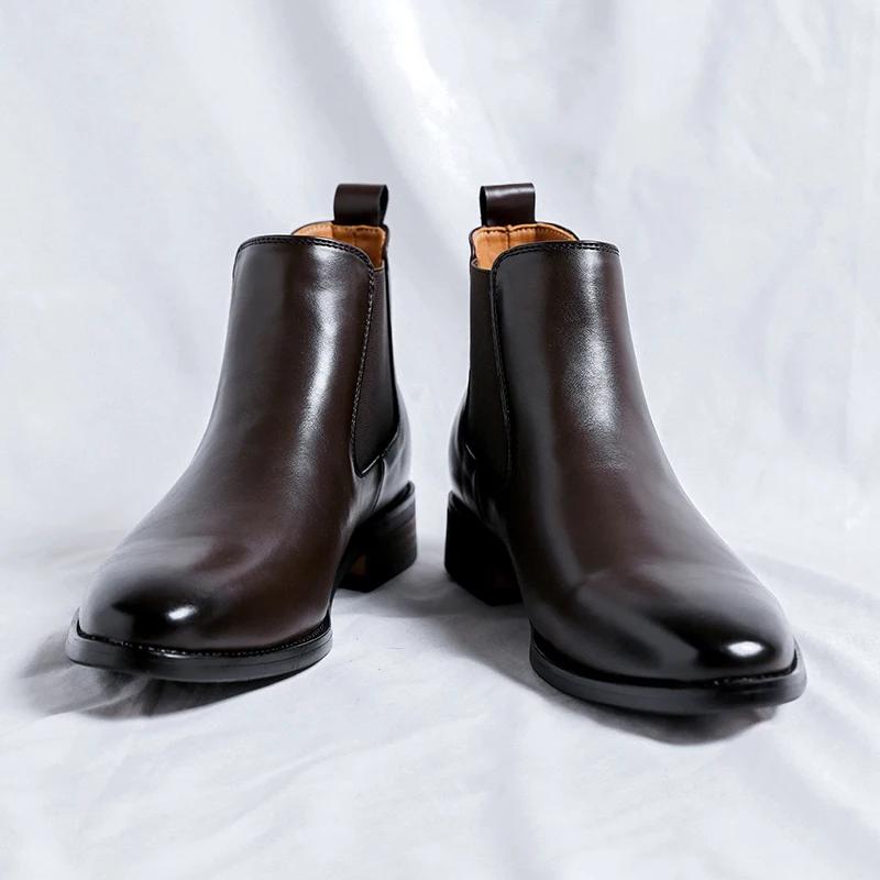 Bottes Chelsea pour hommes à bout pointu, chaussures en cuir polyvalentes à tige haute, style rétro 