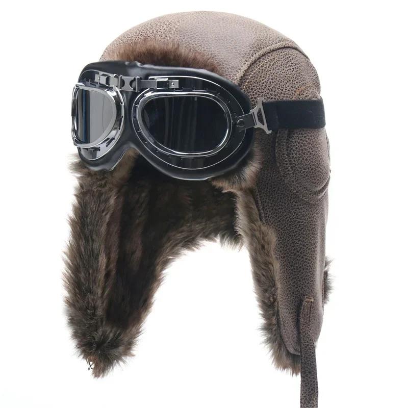Chapeau de bombardier d'hiver pour hommes, avec lunettes, pour moto en plein air, coupe-vent, chaud,