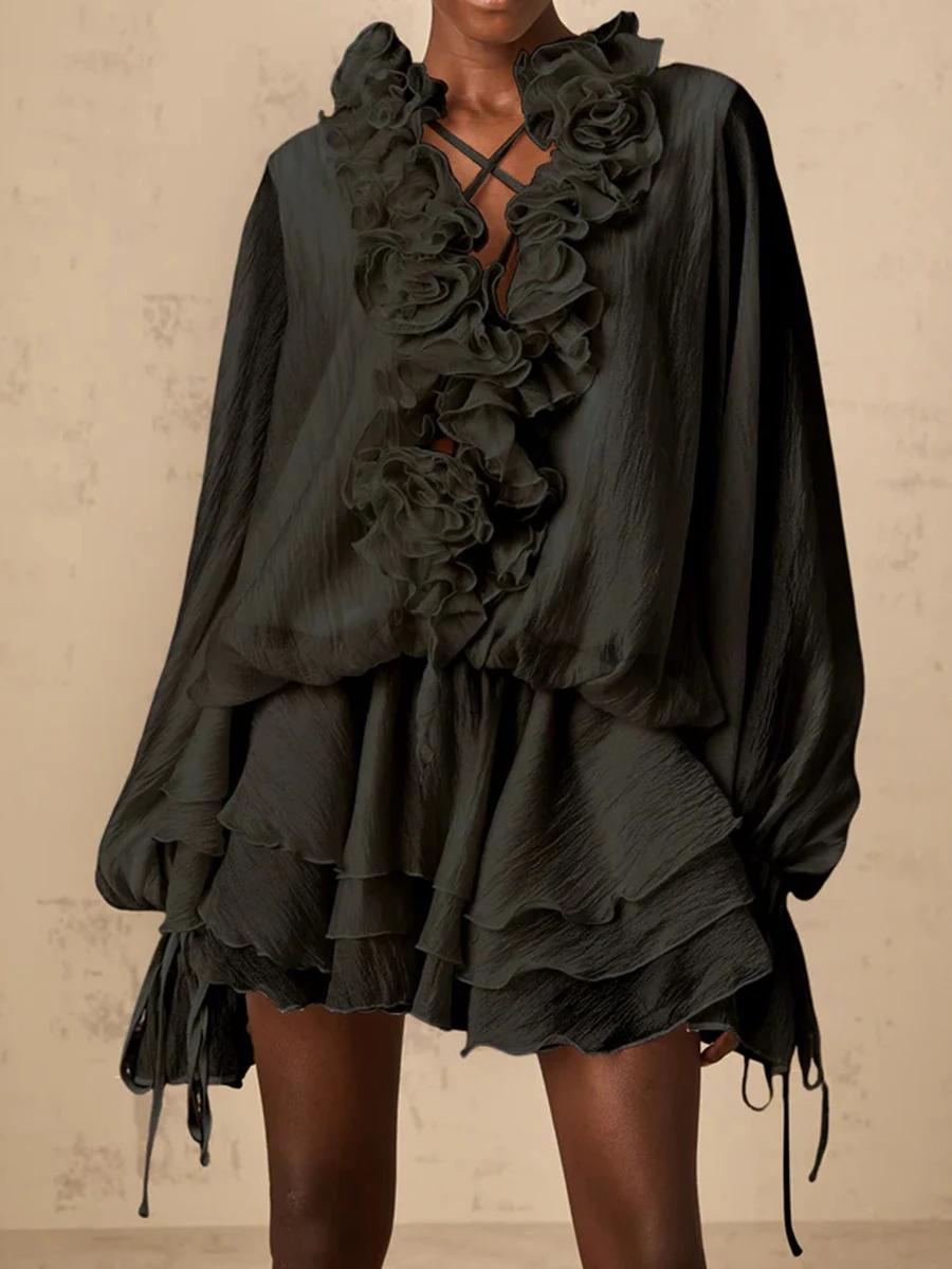 TWOTWINSTYLE – robe ample à fleurs 3D pour femmes, couleur unie, col en V, manches longues, Patchwor