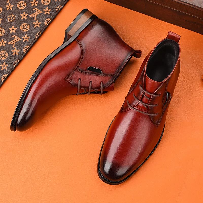 Bottes de neige en cuir véritable pour hommes, chaussures plates d'affaires, bottes de rinçage, zone