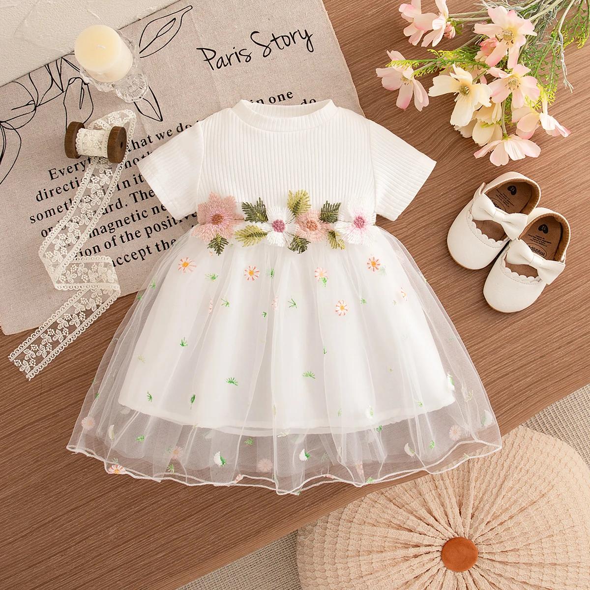 Robes de printemps et d'automne pour petites filles, en maille brodée de fleurs, robes de princesse 