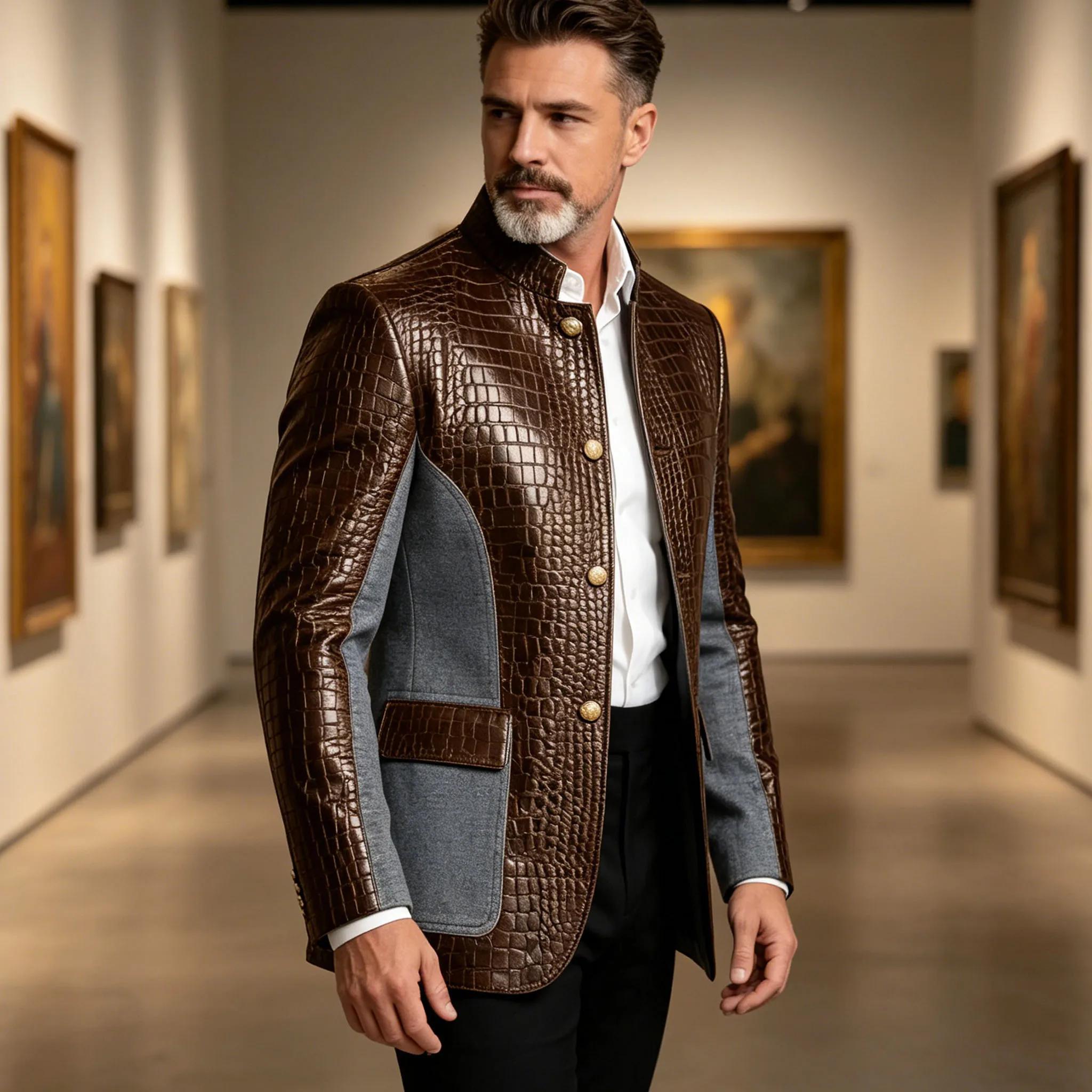 Blazer en cuir PU de luxe marron pour homme, effet croco, patchwork denim, col montant, coupe ajusté