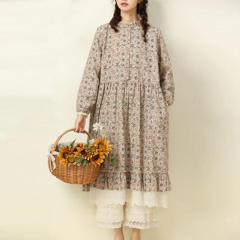 JohmobJapanese-Robe vintage en coton et lin pour femme, imprimé patchwork, en dentelle, avec poches,