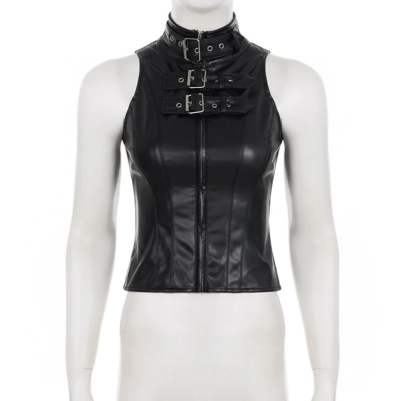 SUCHCUTE – gilet rétro Punk en cuir Pu pour femmes, avec couverture de manches, gothique, noir, sans