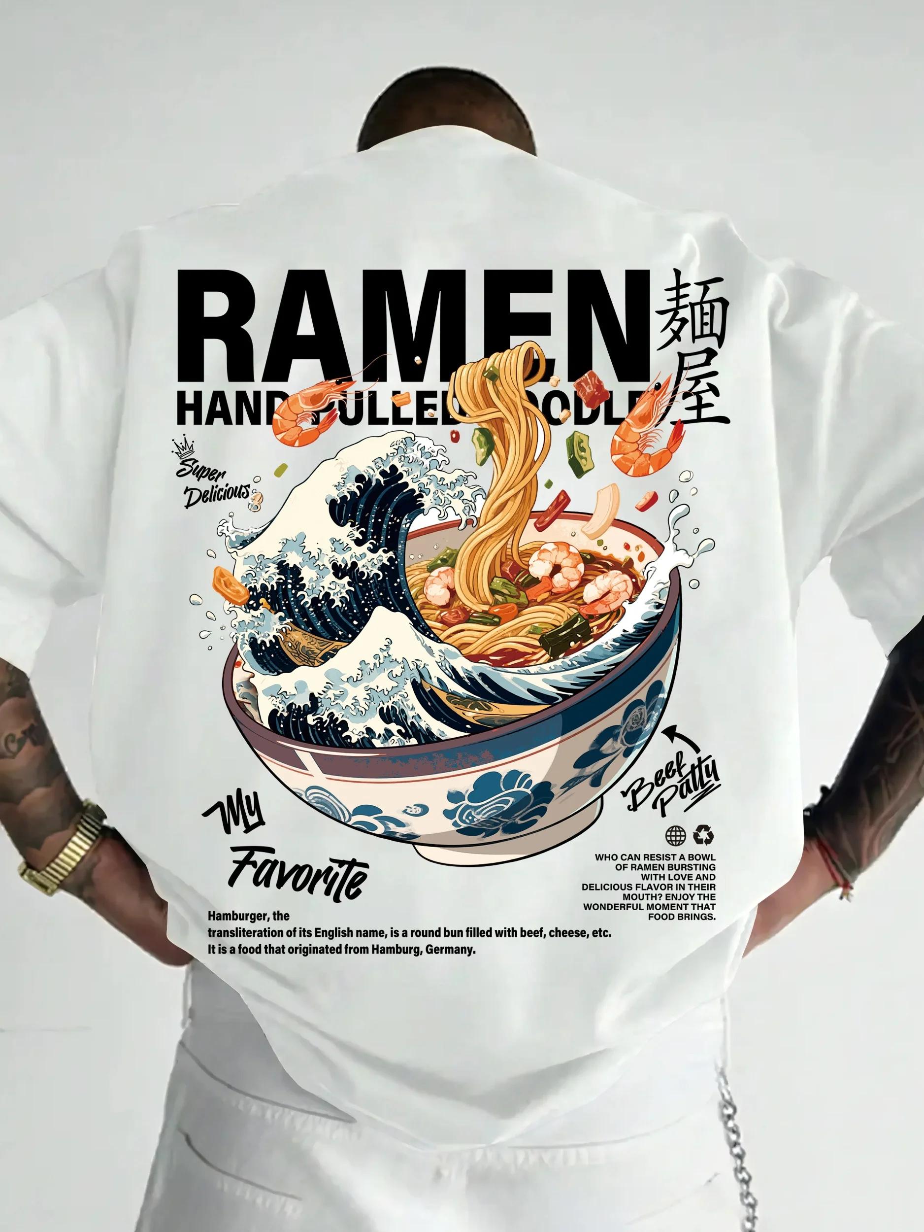 T-shirt décontracté pour homme, style streetwear, motif vagues japonaises et ramen, idéal pour le qu