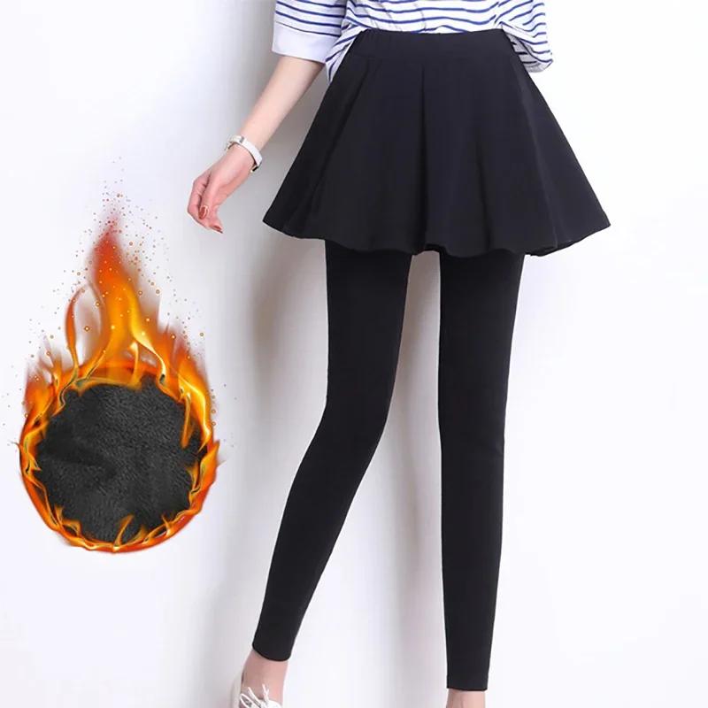 Femmes jupes plissées Leggings épaissi peluche hiver chaud pantalon thermique serré pantalon Leggins