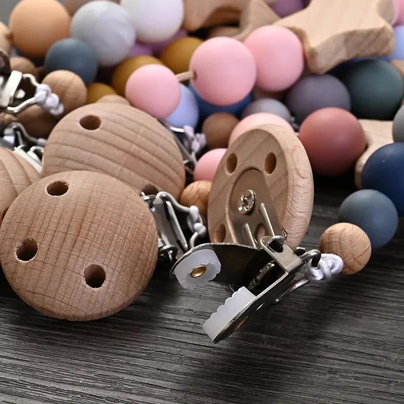 Clips de chaîne de sucette pour bébé, anneau de dentition pentagramme en bois, perles rondes en Sili