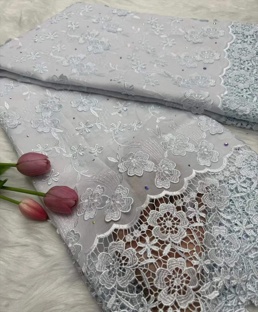Voile suisse en dentelle suisse, avec des pierres appliquées de fleurs 3D, tissu africain en dentell