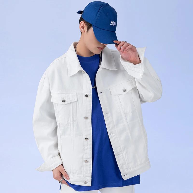 Veste en jean blanc surdimensionné pour homme, streetwear en coton, jean décontracté de haute qualit