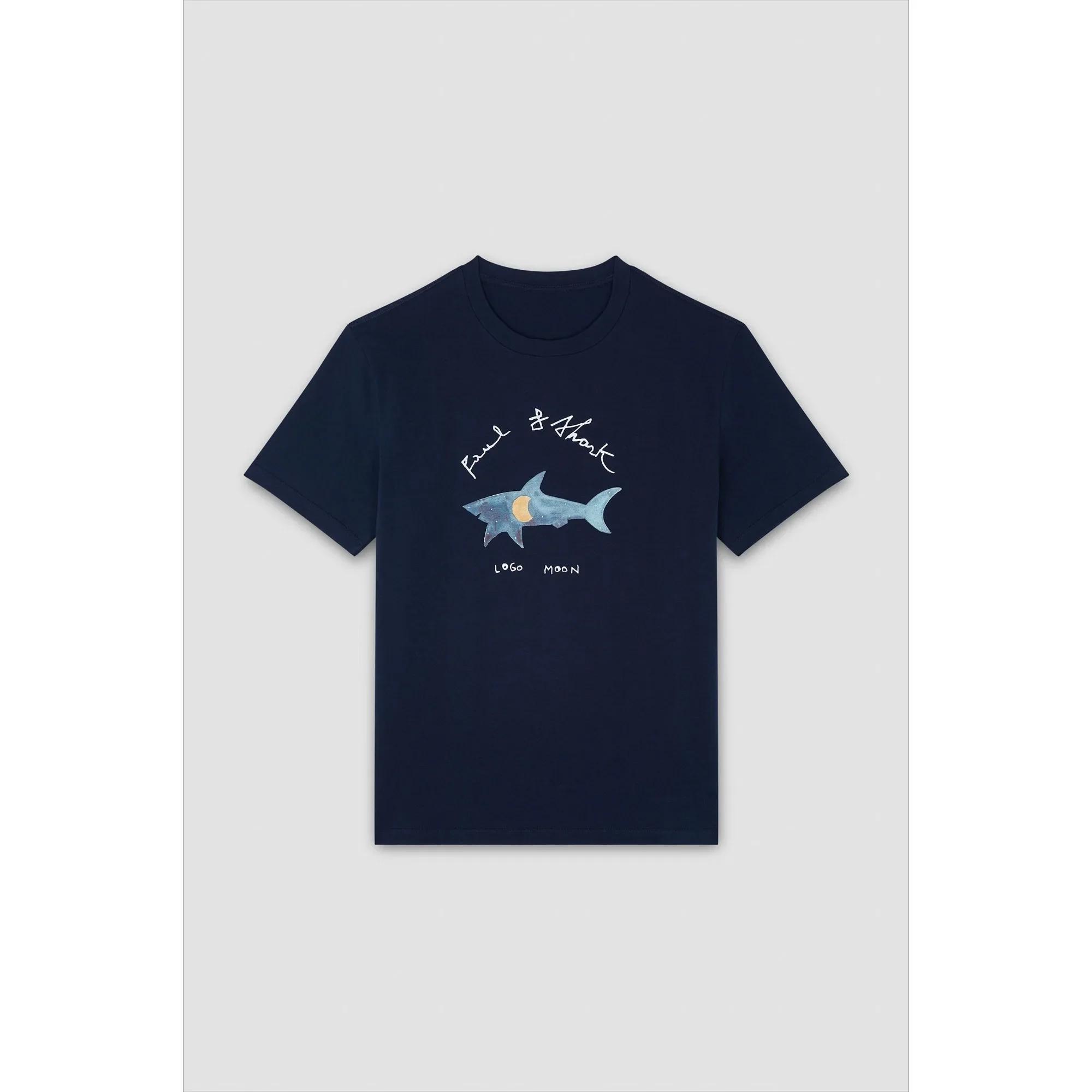 T-shirt d'été en pur coton pour hommes, décontracté, ample, imprimé requin, sport, col rond, manches
