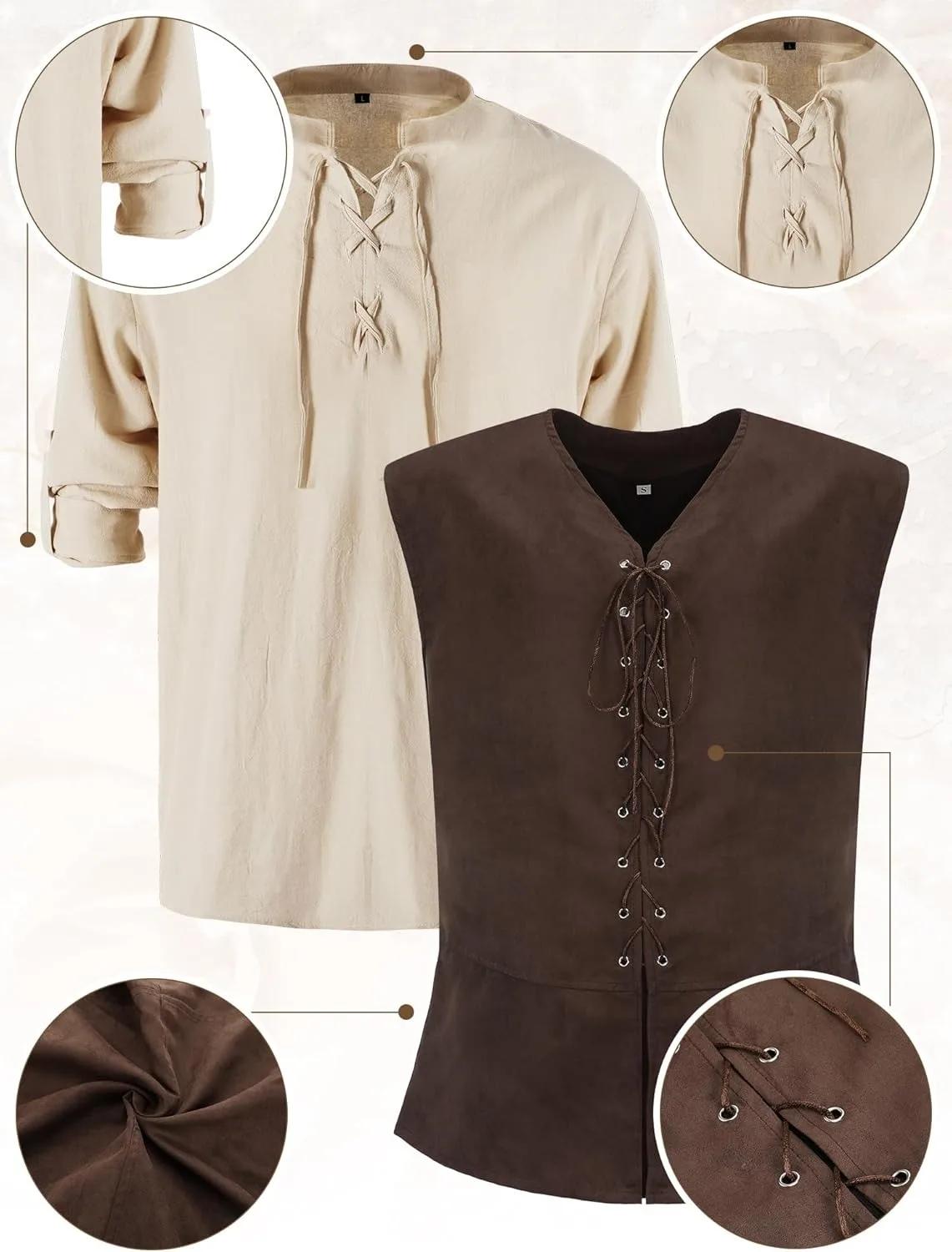 Ensemble de 6 pièces de costume de Renaissance pour homme pour Halloween : Gilet médiéval, chemise, 