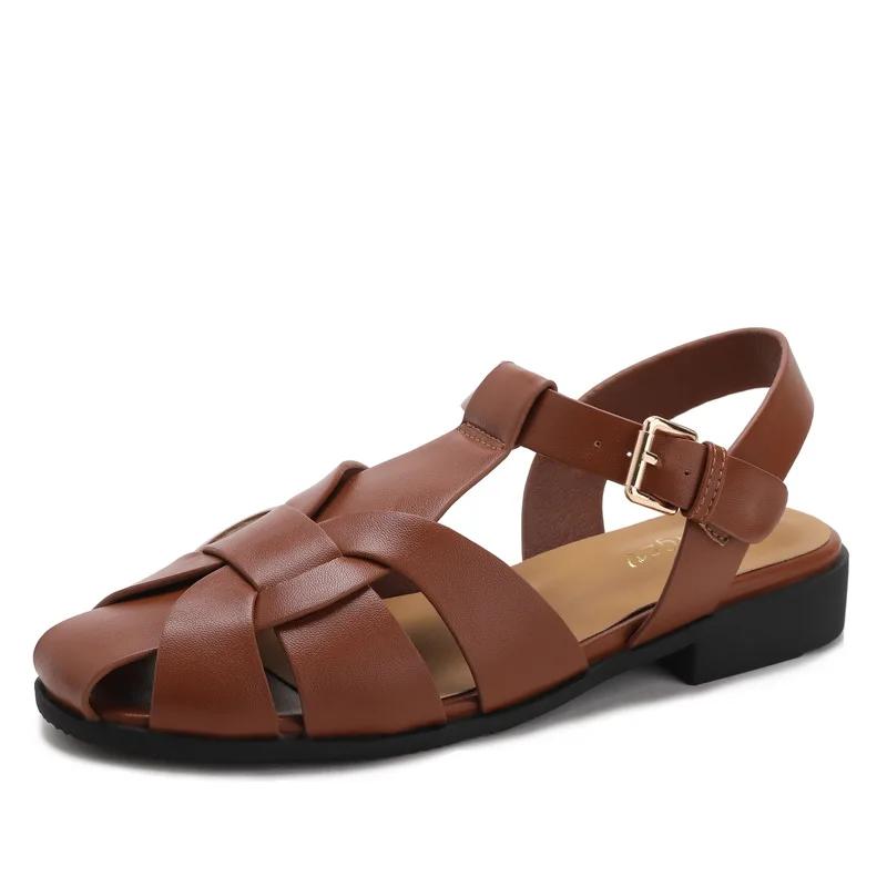 Sandales de pêcheur à bout fermé pour femmes, sangle tressée avec boucle, talon bas carré, chaussure
