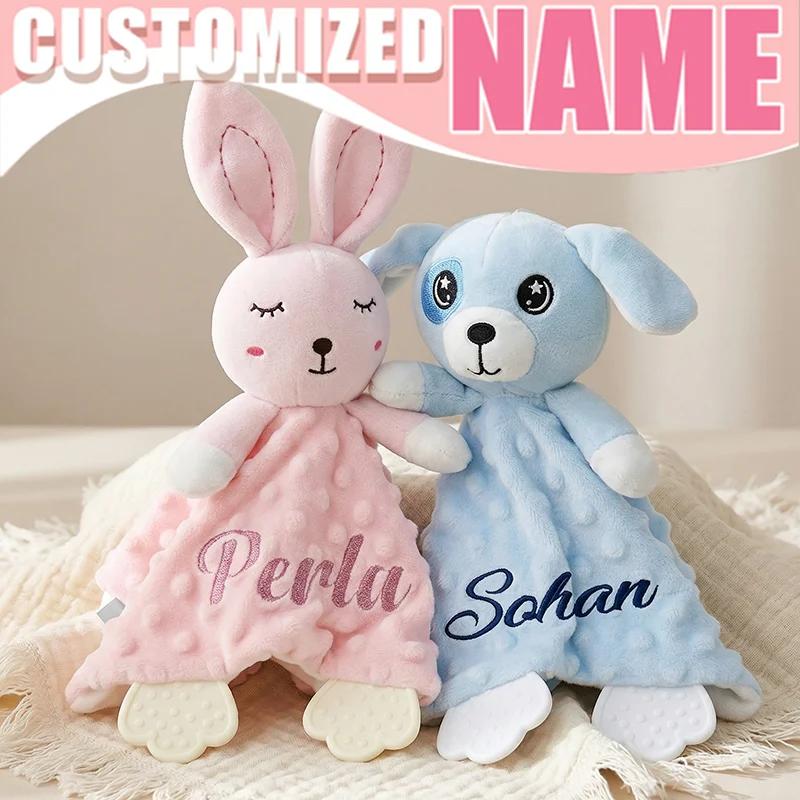 Doudou personnalisé pour bébé en forme de lapin avec hochet en silicone, personnalisable avec le nom