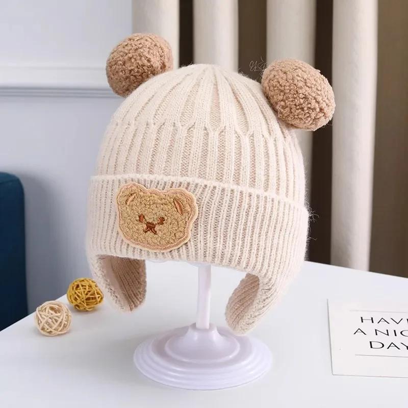 Chapeau en laine pour bébé, ours mignon, protection des oreilles, pour enfants, hiver, épais, chaud,