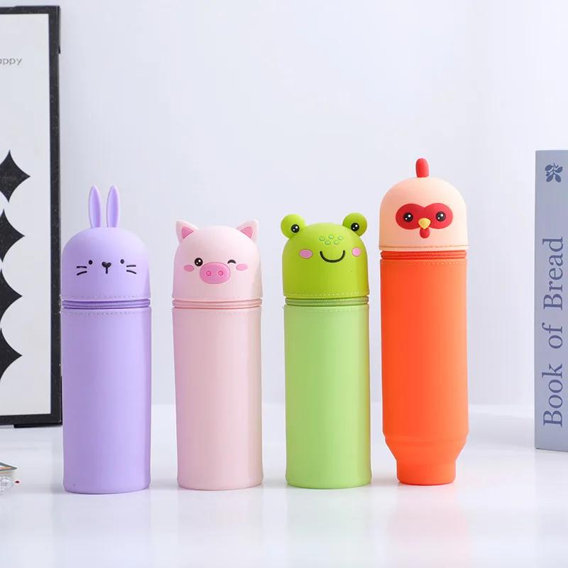 Trousse à crayons télescopique en Silicone, 1 pièce, animaux Kawaii, sac de papeterie de grande capa