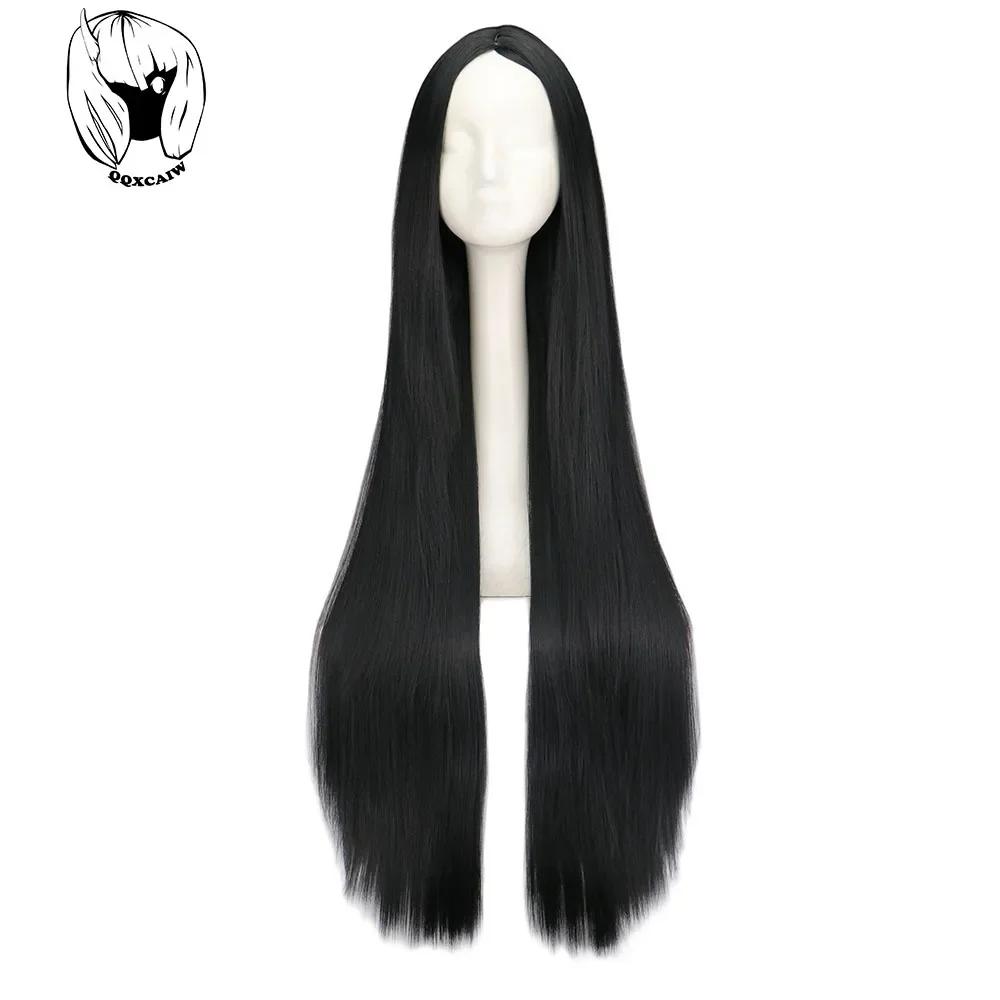 Perruque Synthétique Longue Noire de 100cm/40 ans, Cheveux Lisses, Degré de Chaleur, Costume de Carn