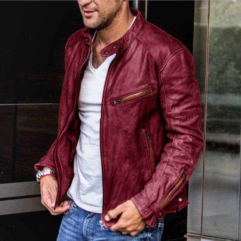 YASUGUOJI Nouvelle Veste en Cuir pour Homme 2026, Blouson Moto Rouge Tendance en Cuir PU avec Col Mo