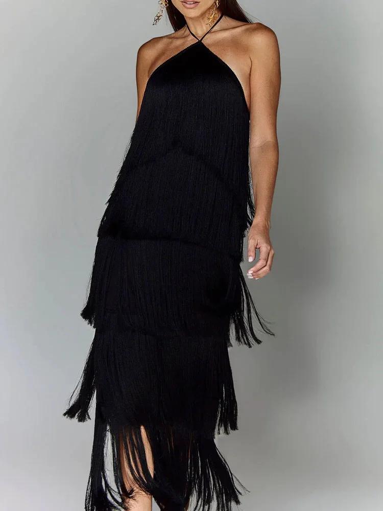 Robe maxi patchwork à pampilles pour femmes, robe de soirée à col licou en fibre, robe monochrome po