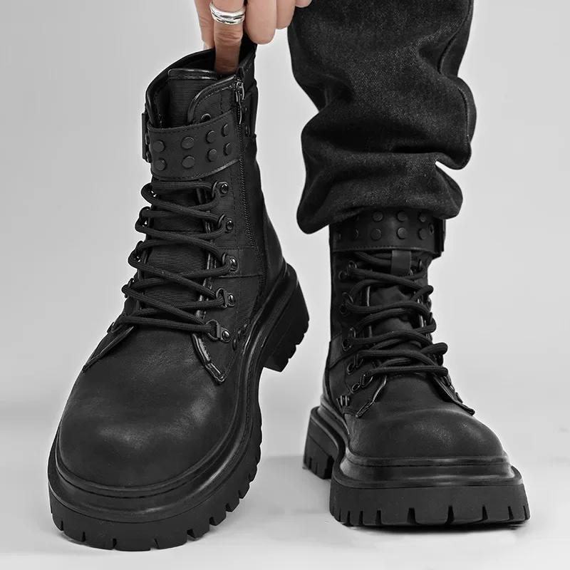Bottes de moto polyvalentes à plateforme courtes décontractées noires style britannique rétro pour h