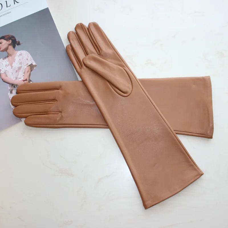 Nouveaux gants longs en peau de mouton pour femmes, gants en cuir de couleur unie pour écran tactile