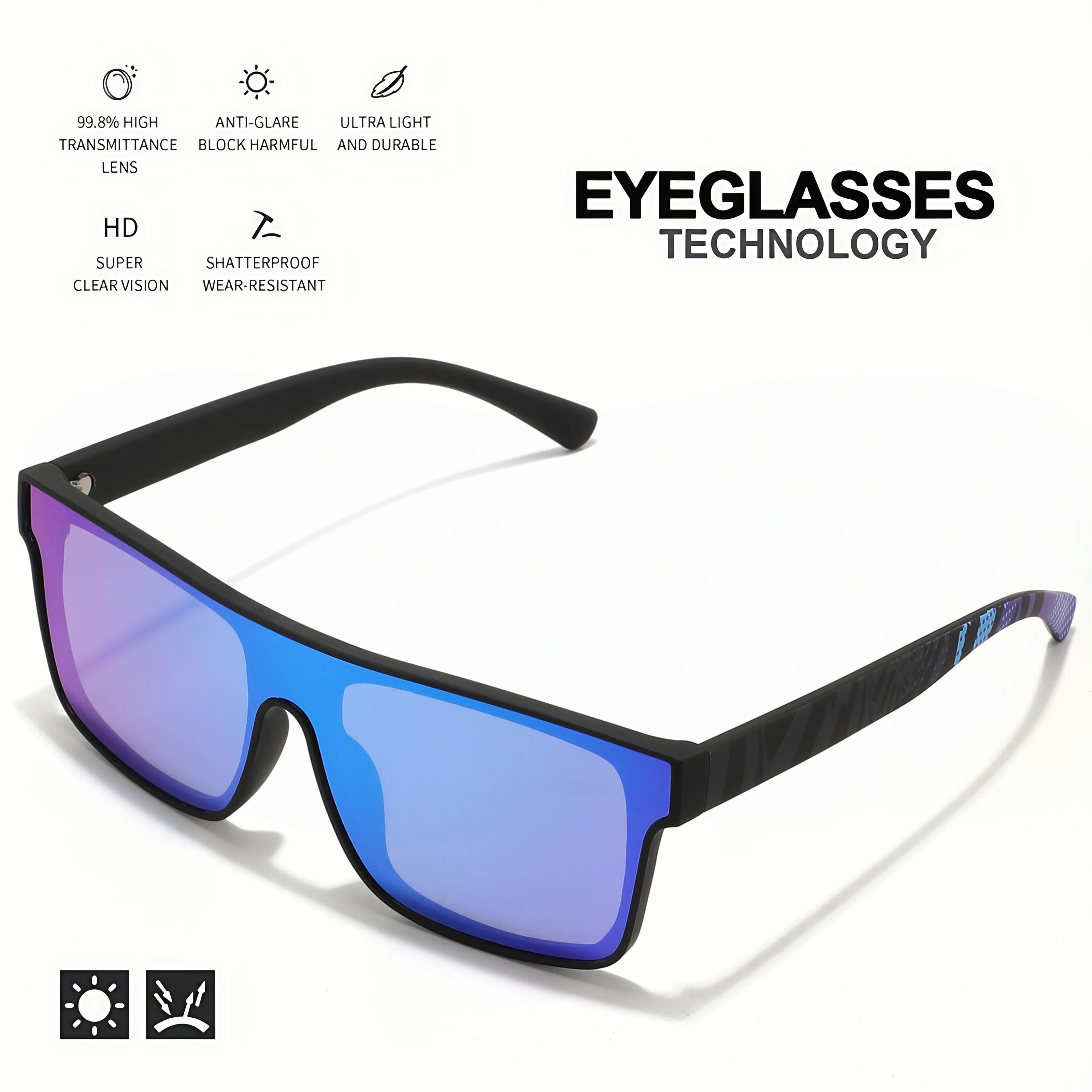 Lunettes de soleil de sport carrées colorées – Lentille une pièce avec branches à motifs, confort un