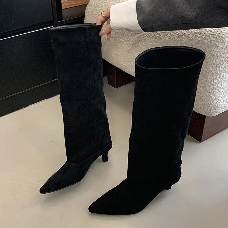 Automne hiver Style De rue bout pointu bottes hautes femmes talons bas chaussures femme chaussons lo