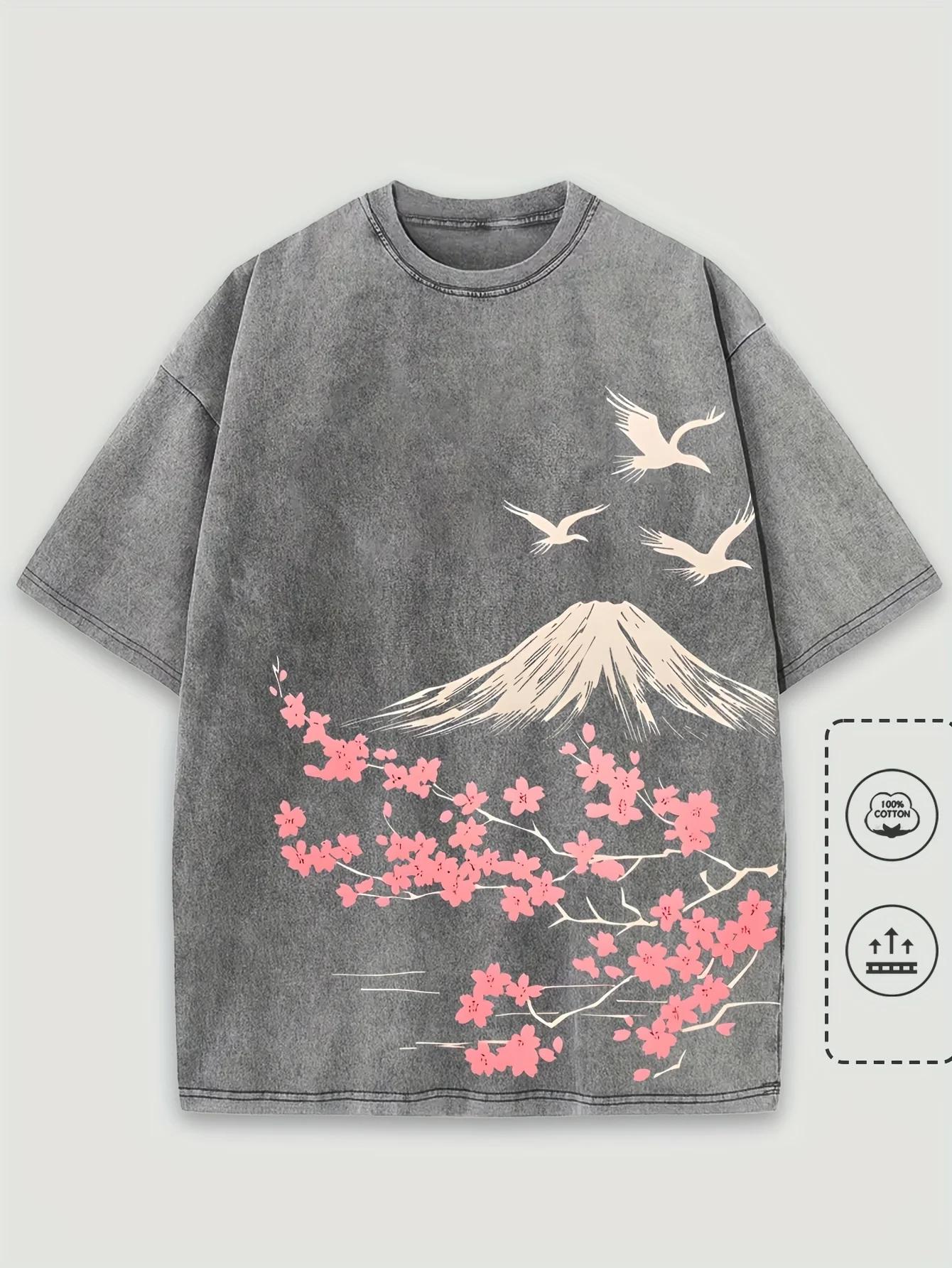 T-Shirt col rond unisexe, Vintage, Hip Hop, décontracté, 100% coton, lavé, Floral, montagne, imprimé