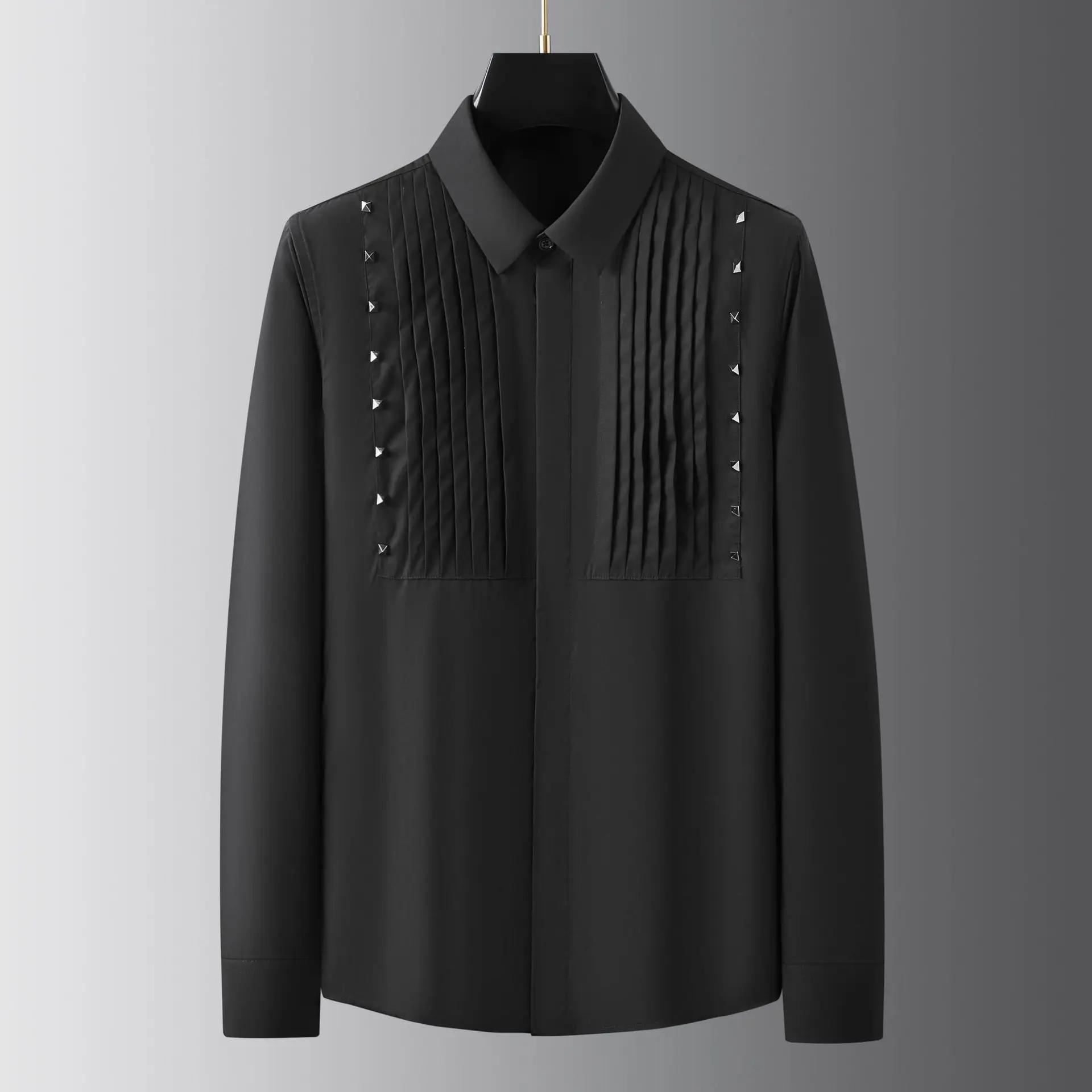 Chemise décontractée à manches longues pour hommes, décoration de rivet, chemises provoqué formelles
