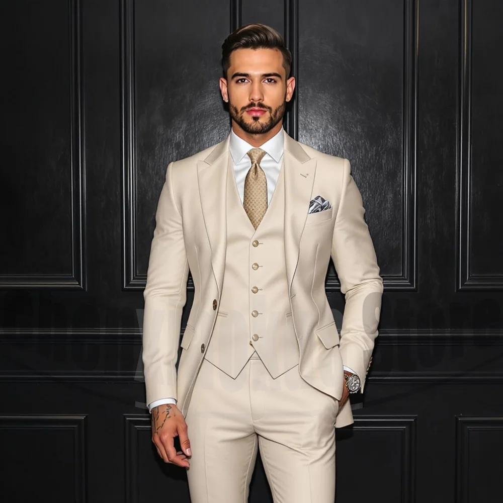 Ensemble de costume trois pièces Beige pour hommes, coupe cintrée, tenue de soirée formelle pour mar