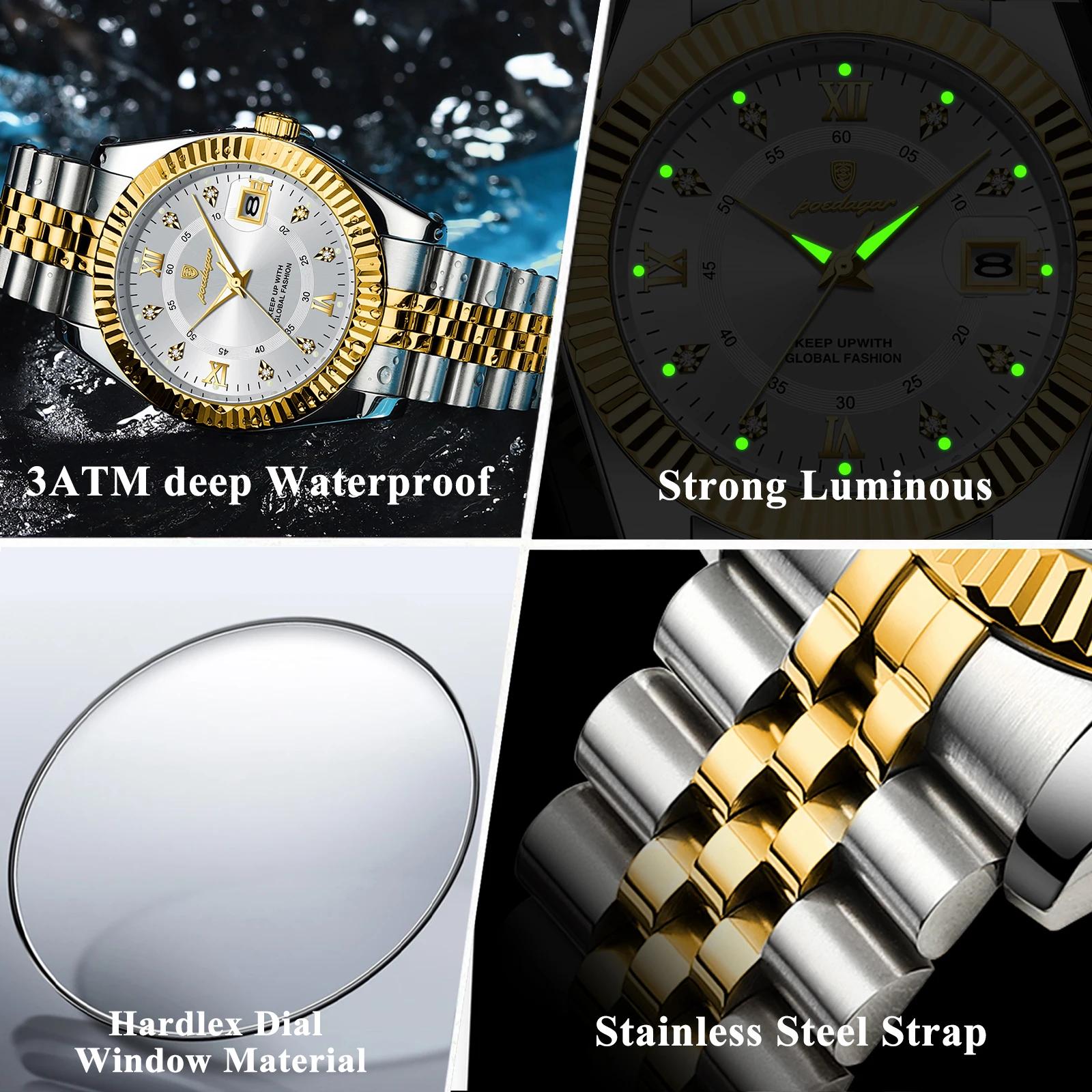 POEDAGAR classique luxe hommes montres à Quartz en acier inoxydable Date homme montre étanche lumine