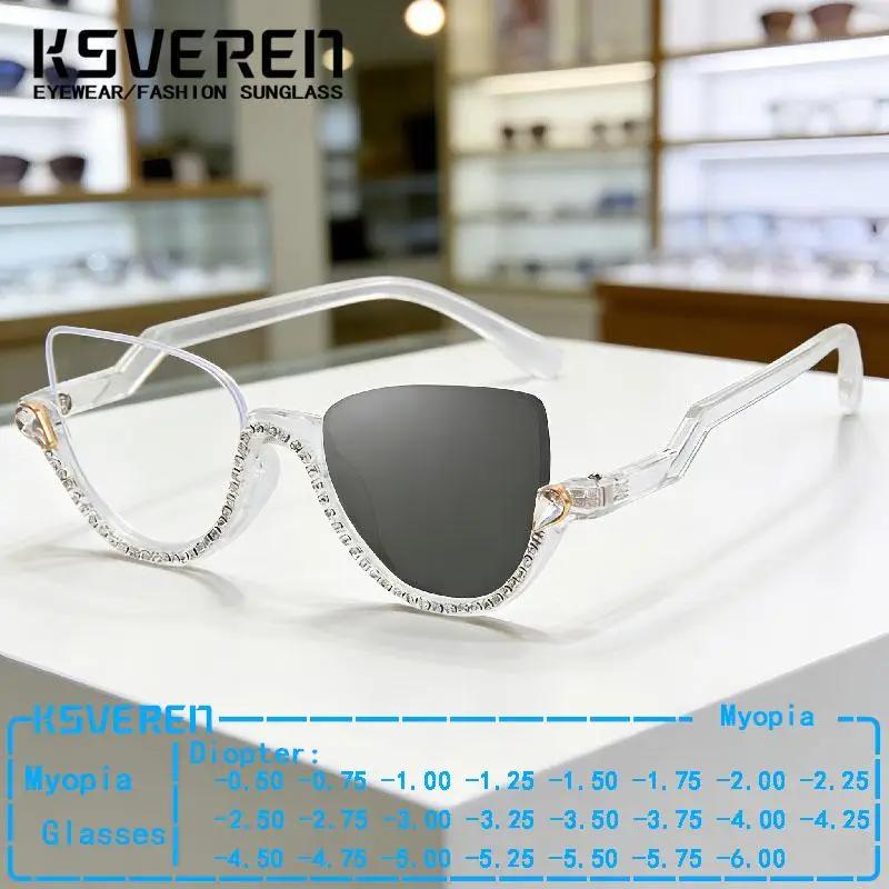 Lunettes de myopie photochromiques œil de chat en strass pour femmes, verres de Prescription finis, 