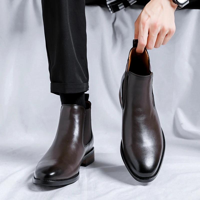 Bottes Chelsea pour hommes à bout pointu, chaussures en cuir polyvalentes à tige haute, style rétro 