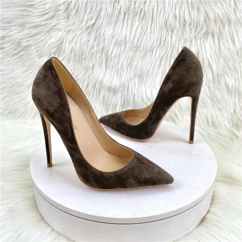 Escarpins en daim marron violet uni à talons aiguilles de 8, 10, 12 cm, à bout pointu, en daim rose,