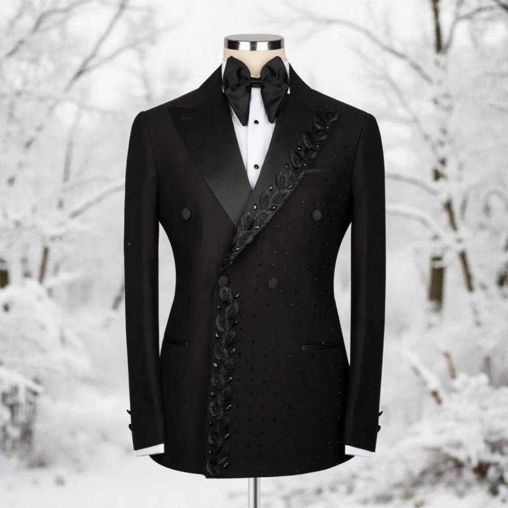 Costume Homme Perlé Brodé Noir Texturé Croisé Coupe Slim Formel pour Mariage, Bal de Promo, Dîner, S