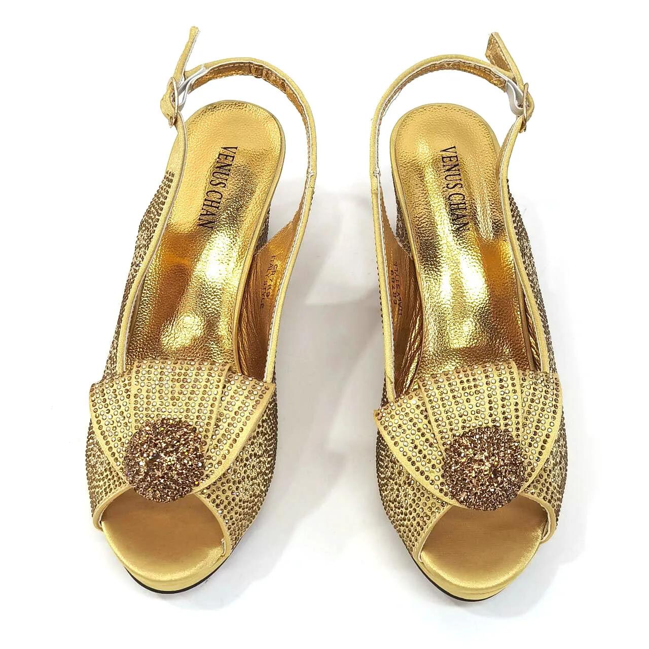 Venus Chan 2024 Design italien Style Girly couleur dorée chaussures et sac de mariage plein diamant