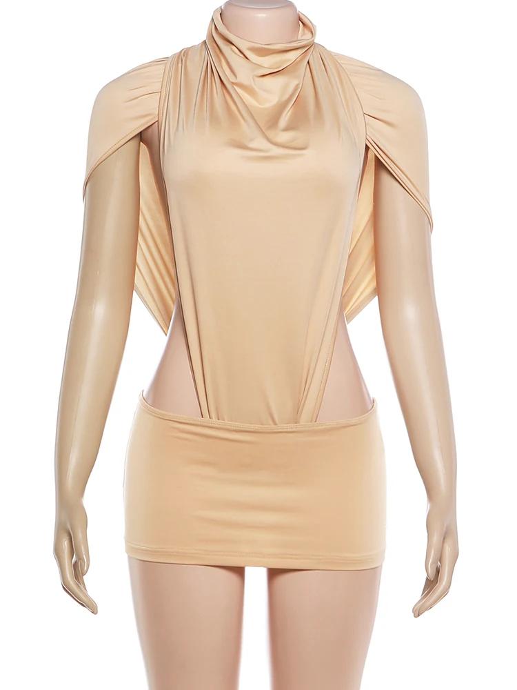 Ensemble 2 pièces sexy Kliou pour femme : Bodys froncés à col roulé et découpes latérales + Mini-jup