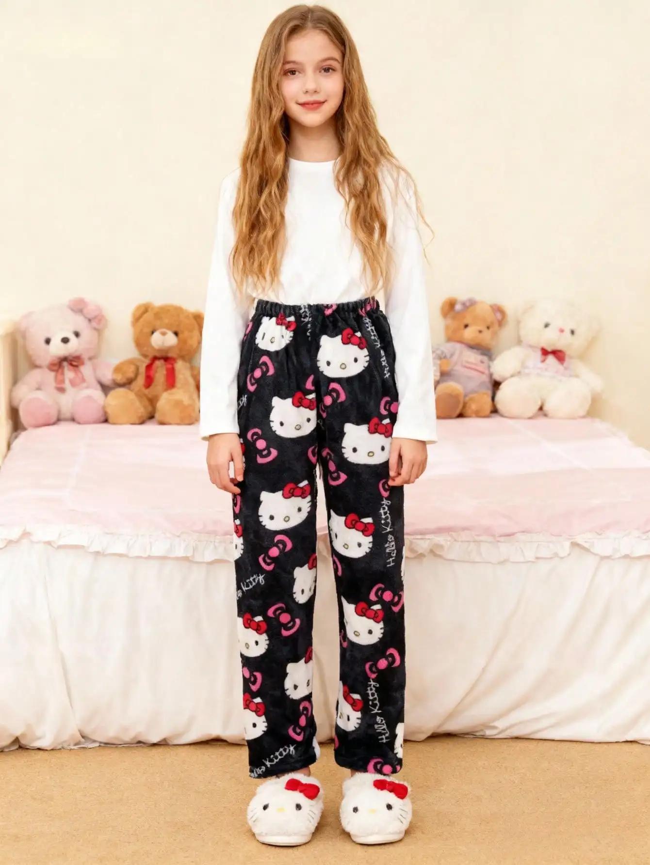 Pantalon de maison en flanelle épaisse et chaude pour enfants Sanrio, pantalon de loisirs et ample p