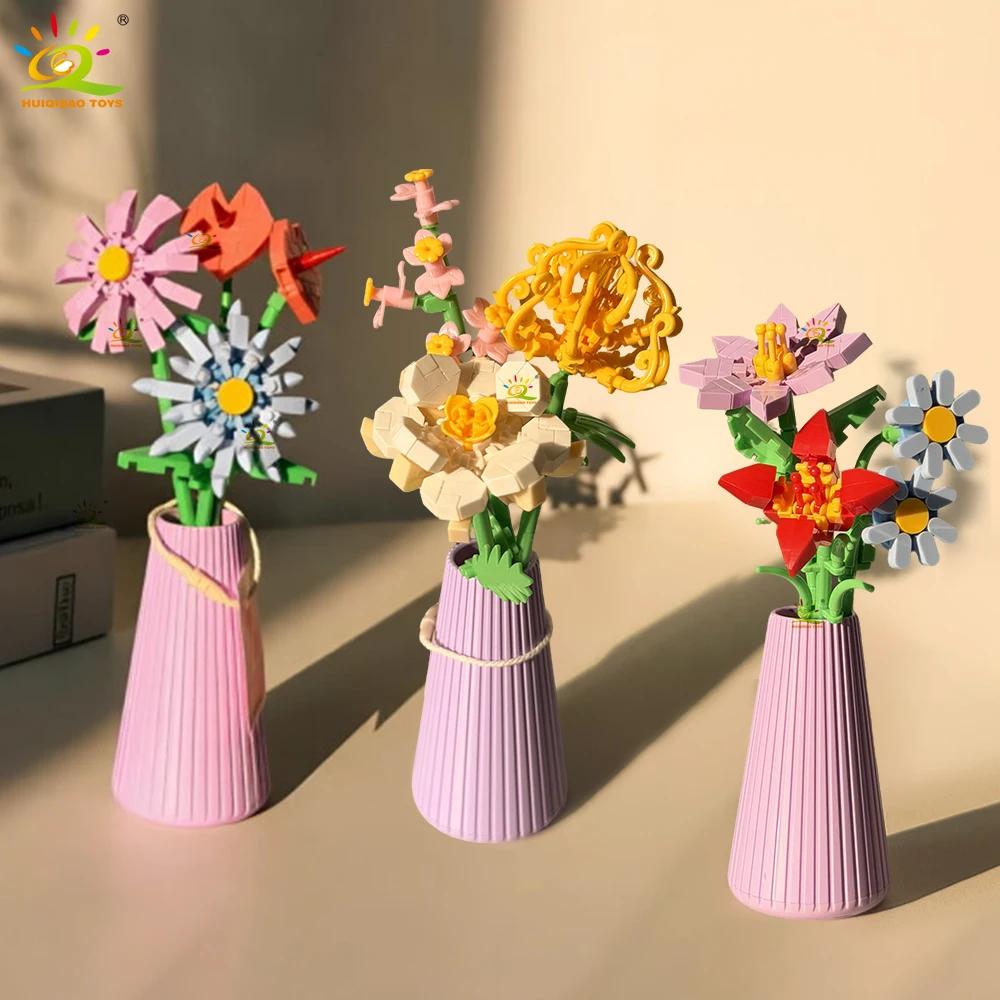 HUIQIBAO MOC Bouquet de fleurs éternelles avec pot Micro bloc de construction tournesol Rose Mini mo