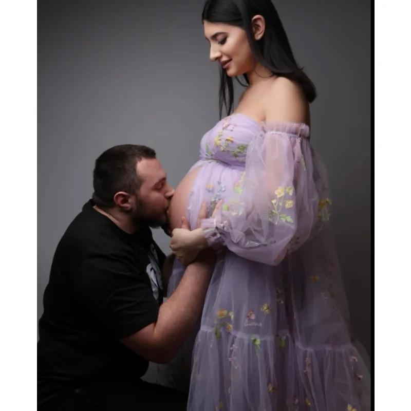 Robe de soirée de maternité sexy – Robe de soirée à fente haute avec broderie florale et manches bou