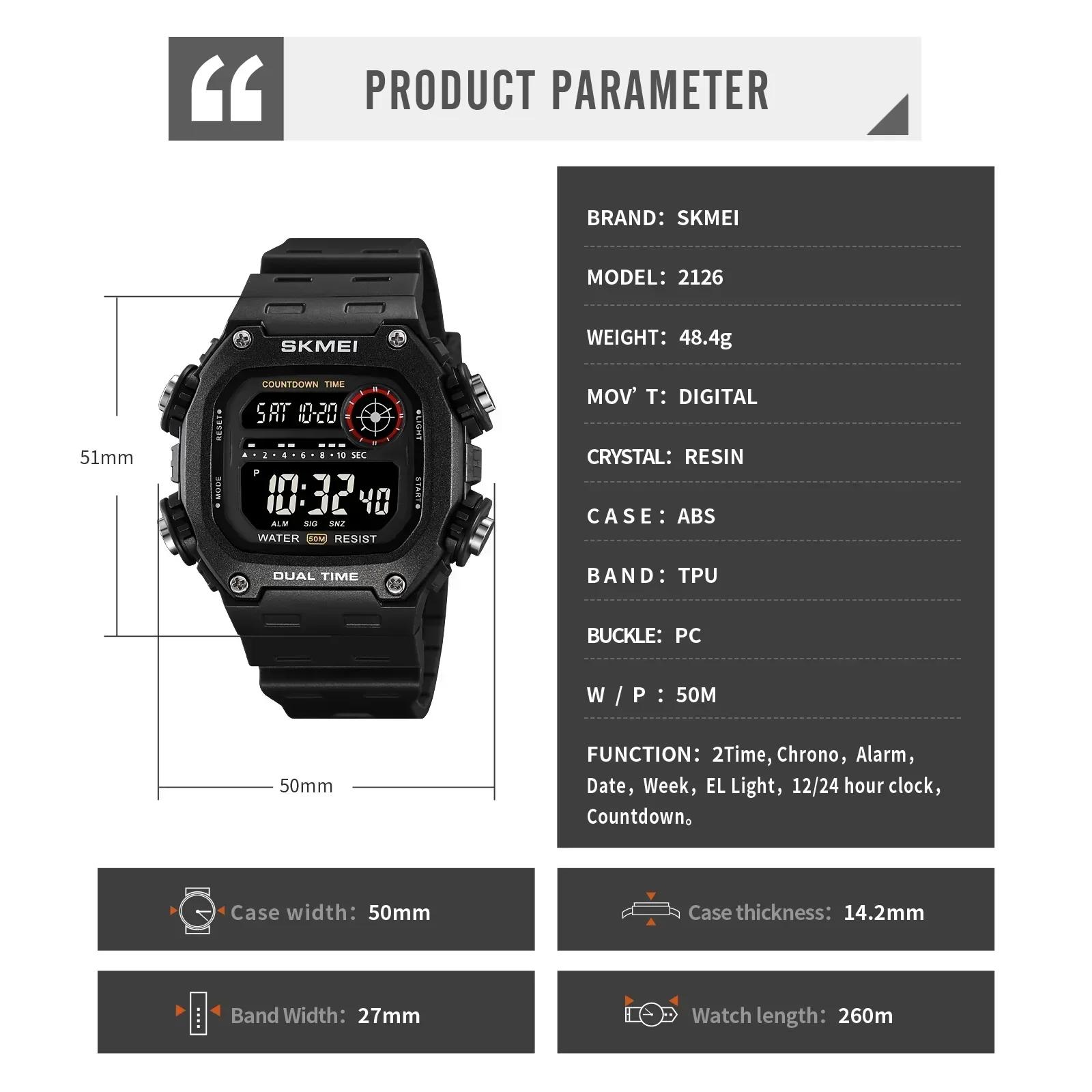 SKMEI 2126 montres de sport pour hommes étanche chronomètre alarme LED affichage numérique compte à